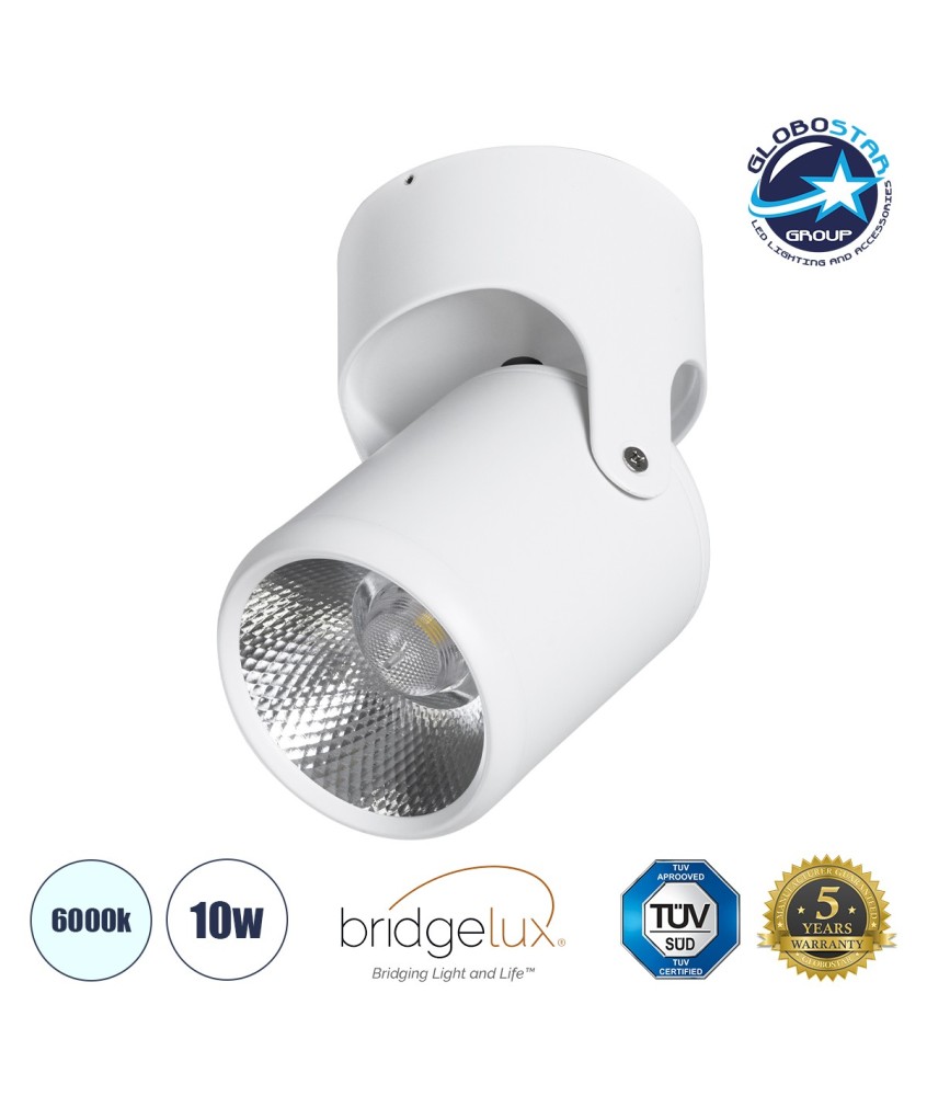 GloboStar® DETRONIC 60500 Επιφανειακό Κινούμενο Spot Downlight LED 10W 1350lm 24° AC 220-240V IP20 Φ9cm x Υ16cm - Στρόγγυλο - Λευκό - Ψυχρό Λευκό 6000K - Bridgelux COB - TÜV Certified Driver - 5 Χρόνια Εγγύηση
